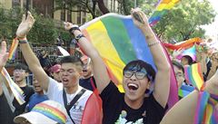 Same-sex marriage supporters cheer outside the Legislative Yuan Friday, May 17,...