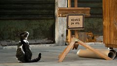 Koka sedí u Banksyho obrazu.