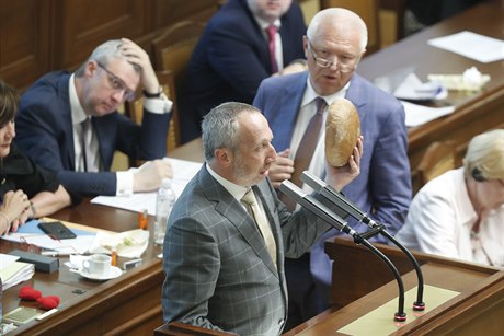 Václav Klaus mladí ml proslov s chlebem v ruce. Sleduje ho první...