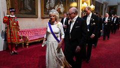 Camilla, vévodkyn z Cornwallu, zamíila do sálu po boku Roberta Wooda...