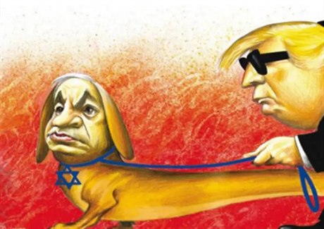 Premiér Netanjahu na vodítku podle portugalského kreslíe.