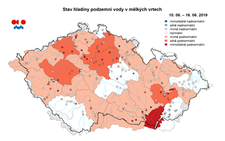 Stav hladiny podzemní vody v mlkých vrtech za období 10. - 16. 6. 2019.