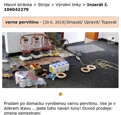 Nabídka varny pervitinu, kterou na internetovém bazaru Bazos.cz inzerovala...