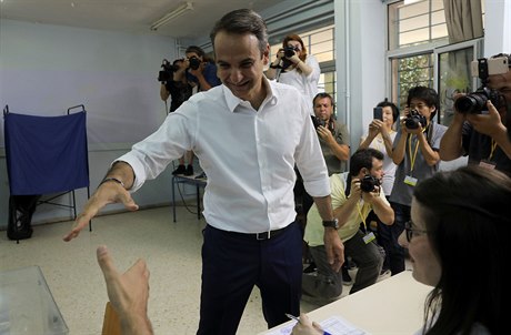 Lídr eckých konzervativc Kyriakos Mitsotakis bhem voleb.