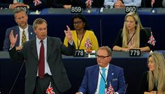 Leader britské Brexit Party Nigel Farage promlouvá bhem debaty o novém éfovi...
