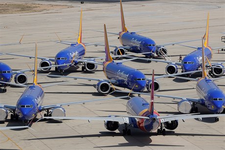 Osm zaparkovaných Boeing 737 MAX spolenosti Southwest na letiti ve...