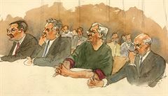 Na této rt ze soudní sín se obalovaný Jeffrey Epstein (druhý zprava)...