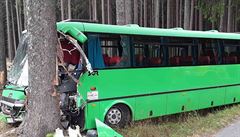 Autobus, který sjel ze silnice a narazil u obce Jámy na ársku do stromu.