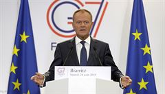 Pedseda Evropsk rady Donald Tusk na tiskov konferenci v prvn den summitu G7...