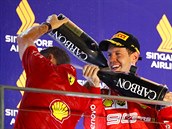 Sebastian Vettel se raduje z výhry na Velké cen Singapuru.