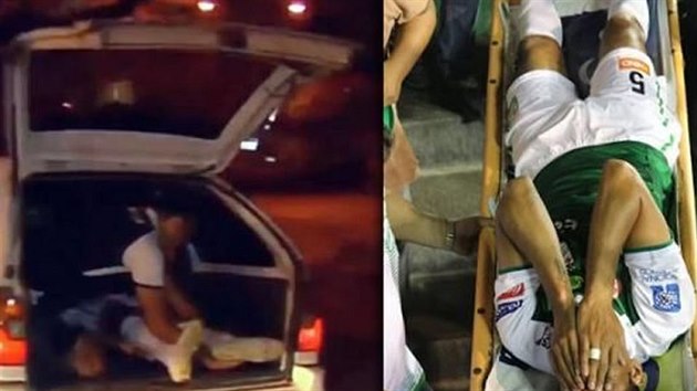 Mario Cuellar je převážen se zlomeninou kotníku taxíkem do nemocnie.