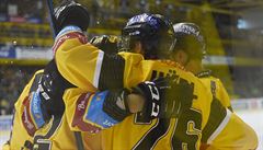 Litvínov slaví gól Viktora Hübla