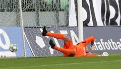 Branká Opavy Vilém Fendrich inkasuje gól z penalty.