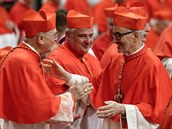 Nov jmenovaný kardinál Michal Czerny se vítá s ostatními bhem ceremonie