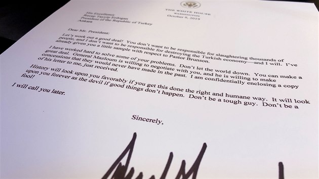Dopis od amerického prezidenta Donalda Trumpa adresovaný turecké hlav státu...