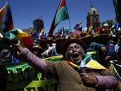 Píznivkyn bolívijského prezidenta Eva Moralese slaví.