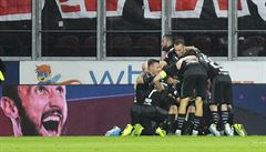 Radost Slavie z branky v Plzni.