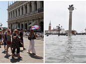Srovnání fotografií benátského námstí sv. Marka pi bném stavu a pi...
