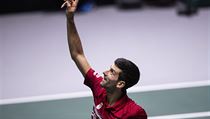 Novak Djokovič slaví vítězství ve finálové skupině Davis Cupu.