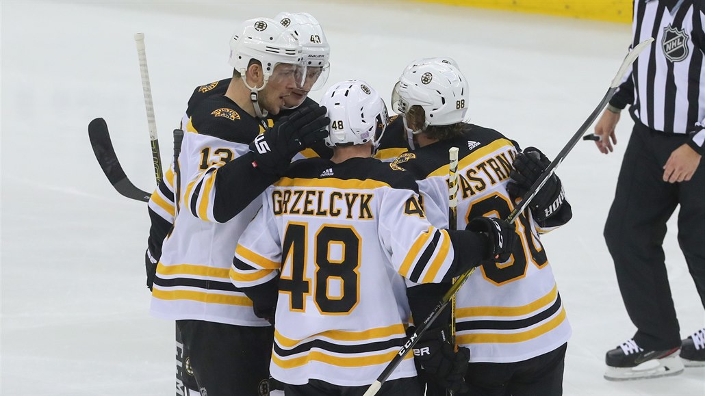 Hokejisté Bostonu Bruins slaví branku.