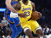 Hr Los Angeles Lakers LeBron James (vpravo) je faulovn protihrem.