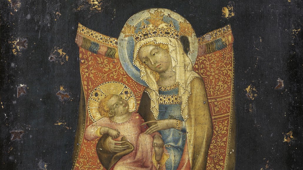 Výjimečný středověký obraz nazvaný Trůnící Panna Marie s dítětem z dílny Mistra...