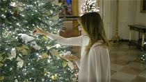 První dáma Melania Trump oblečená v kabátu sype sníh na vánoční stromek. Její...