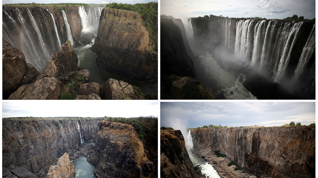 Kolá fotografií srovnává stav Viktoriiných vodopád v ervenci 2019 a následn...