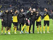 Fotbalisté Dortmundu s trenérem Lucienem Favrem (uprosted) se radují z postupu...