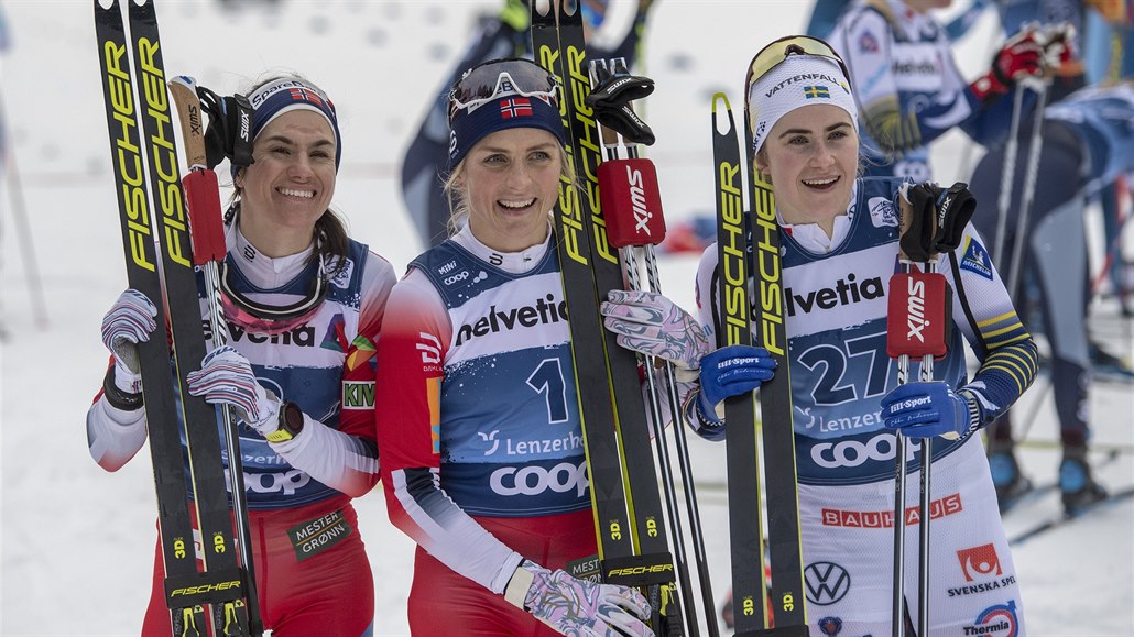Therese Johaug, centre, and Heidi Weng, left, from Norway and Ebba Andersson,...
