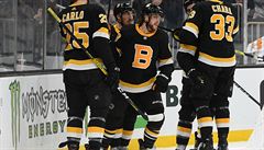 David Pastrák (uprosted) se raduje z gólu se svými paráky z útoku.