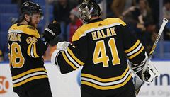 David Pastrák (uprosted) se raduje z gólu se svými paráky z útoku.