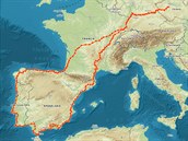 Mapa  Expedice panlskem a Portugalskem, najeto ca. 8000 km, 2019.