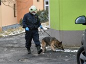 Policejní vyetovatel se psem 19. ledna 2020 ohledávají okolí domu pro...