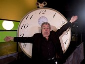 FILE PHOTO: Former Monty Python star Terry Jones gestures in front of a "time...