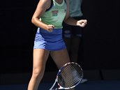 Reakce Sofie Keninové na vítzný míek v semifinále Australian Open.