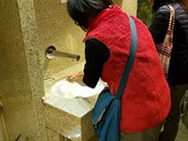 Lidé si na výletní lodi Diamond Princess myjí ruce.