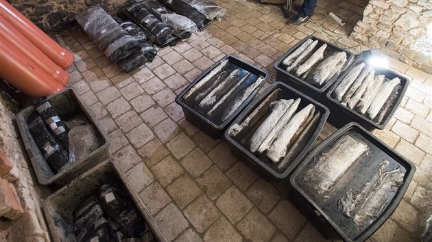 Na snímku z 9. ledna 2019 jsou �ásti studny ulo�ené v konzerva�ním roztoku na...