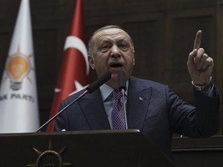 Tureck prezident Erdogan pi projevu v parlamentu 19. 2. 2020. Zdraznil, e...