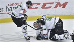 Zleva Martin �evc, autor druhého gólu David ��astný a Radim Zohorna z Mladé...