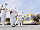 Pracovníci dezinfikují autobusy ve mst Gwangju v Jiní Koreji.