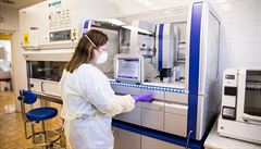 Laborantka pracuje na vyhodnocování vzorků na koronavirus v pražské Fakultní...