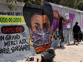 Vyobrazení afroamerické eny s roukou a zdravotnické linky formou graffiti v...