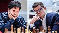 Hikaru Nakamura (vlevo) vs Magnus Carlsen.