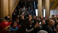 Protestanti v michiganském Kapitolu, kde sídlí zákonodárci.
