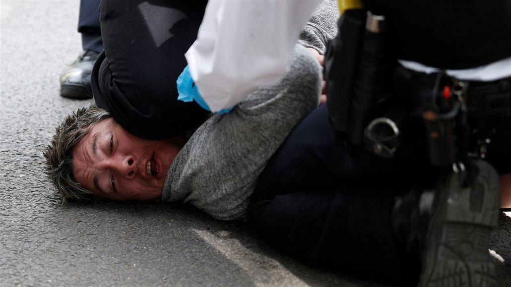 Britská policie nkteré z úastník protestu zadrela.