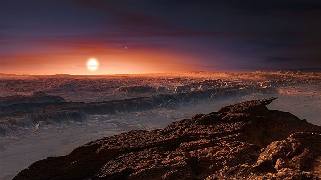 Um�lecké ztvárn�ní pohledu na Proximu Centauri z planety Proxima b.