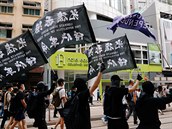 Protestující drí transparenty hlásající svobodný Hongkong