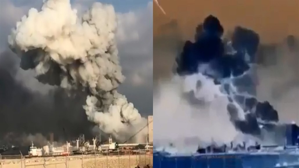 Vlevo skutečný záběr výbuchu v libanonském Bejrútu, vpravo upravený falzifikát,...