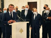 Emmanuel Macron má projev v paláci Baabda po úterním výbuchu v Bejrútu.